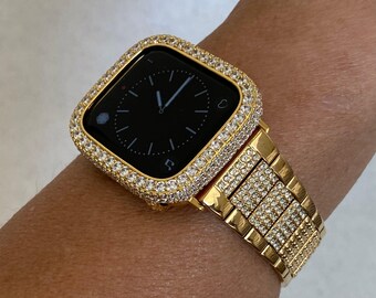 Yellow Gold Apple Watch Band Swarovski Crystals 41mm 45mm 49mm Ultra & or Apple Watch Cover Lab Diamond Bezel 38mm-49mm Series 10
