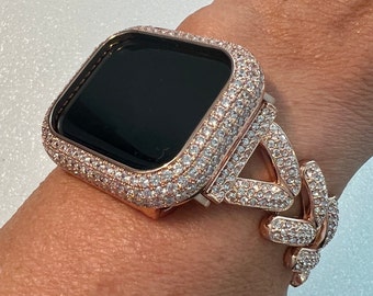 Designer Apple Watch Band Woman Rose Gold  Crystal Heart Charm & or Apple Watch Case Lab Diamond Bezel 38mm-49mm Apple Watch Cover