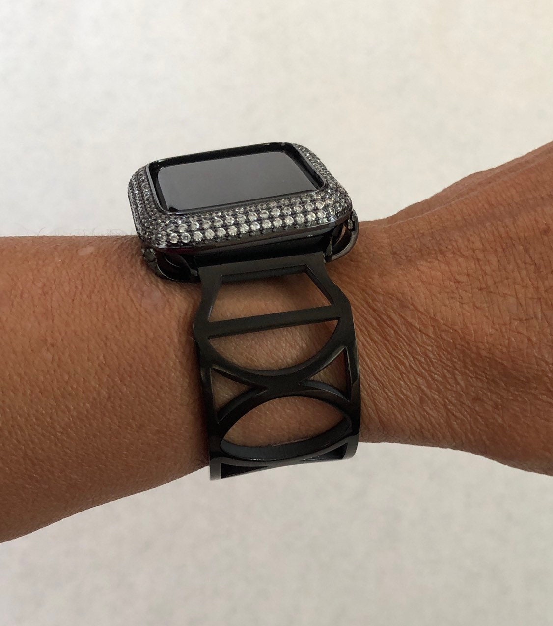 Apple Watch Bangle Black Watch Band Bling and or Lab Diamond Bezel Crystal Apple Watch Cover blb1