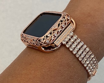Apple Watch Band Women Rose Gold Swarovski Crystals & or Apple Watch Case 38mm 40mm 41mm 42mm 44mm 45mm Iphone Watch Cover Protector Bling
