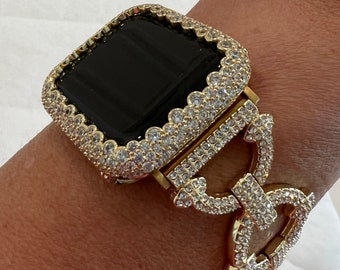 Apple Watch Band Women Gold Swarovski Crystal Bracelet & or Apple Watch Cover Lab Diamond Bezel Case 38mm-45mm Iwatch Candy