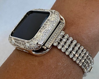 Series 2-8 Apple Watch Band Women  Crystals Silver & or Apple Watch Bezel Cover 38mm-45mm Smartwatch Bumper Case