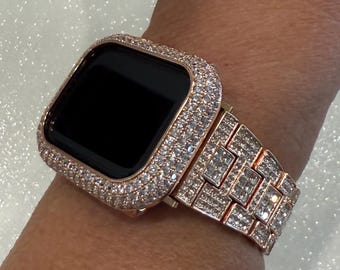 Pave Rose Gold Apple Watch Band Women 38 40 41 42 44 45 46 49 Ultra Swarovski Crystal & or Apple Watch Cover Lab Diamond Bezel Series 10-11