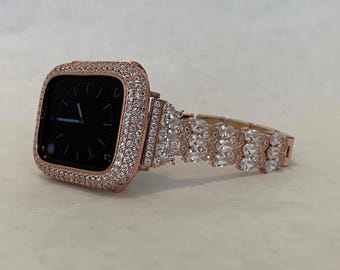 Rose Gold Apple Watch Band Women, High End Crystal Bracelet & or Apple Watch Cover, Lab Diamond Bezel, IWatch Cover 38-49mm Gift for her