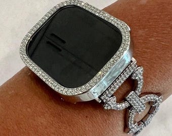 Series 10 Apple Watch Band Womens Silver Swarovski Crystals & or Apple Watch Case for Iphone Watch Protective Bumper 38mm-49mm Ultra Bling
