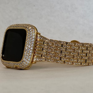 Iced Out Gold Apple Watch Band 41mm 45mm 49mm Ultra Crystal & or Lab Diamond Bumper Bezel Cover Smartwatch Bumper Bling Series 1-8 SE