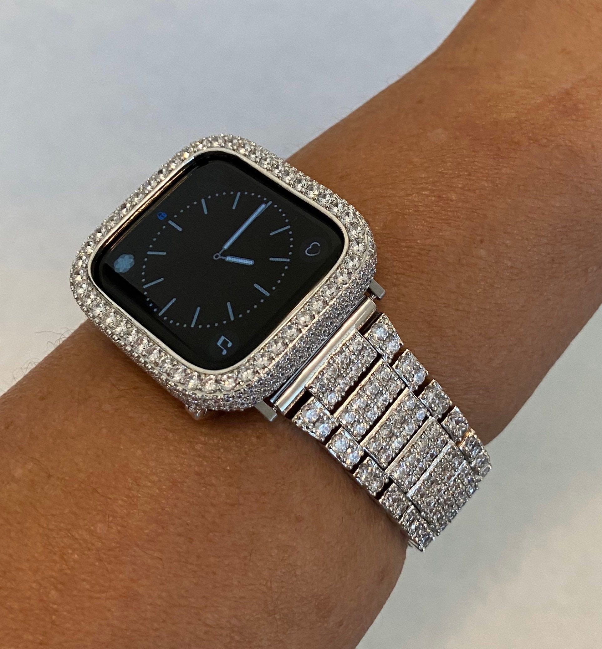 White Gold Apple Watch Band Womens Silver and or 2.5mm Bezel Cover Lab Diamond Iwatch 38mm 40mm