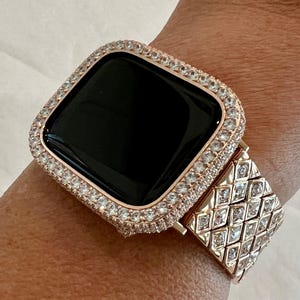 Designer Rose Gold Apple Watch Band Swarovski Crystal & or Apple Watch Cover Lab Diamond Bezel 38mm-49mm Ultra Iwatch Case Series 10