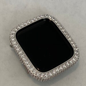 Custom Apple Watch Cover with large lab diamonds set in 14k white gold plating in sizes 38, 40, 41, 42, 44, 45, and 45mm Ultra Iwatch Candy