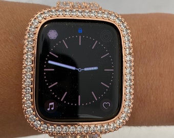 Bling Apple Watch Bezel Cover 40mm 44mm Rose Gold with Square & Pave 2.5mm Lab Diamonds Smartwatch Bumper Case Bling