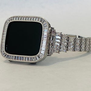 Silver Apple Watch Band Womens Swarovski Crystal & or Apple Watch Case Lab Diamond Baguettes Iphone Watch Cover Iwatch Candy Bling 38mm-45mm