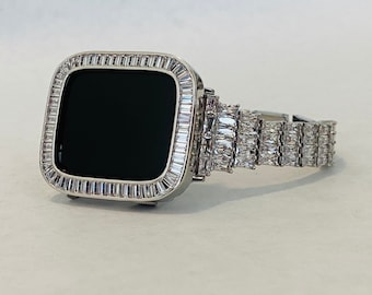 Silver Apple Watch Band Womens Swarovski Crystal & or Apple Watch Case Lab Diamond Baguettes Iphone Watch Cover Iwatch Candy Bling 38mm-45mm