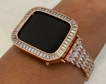 Custom Rose Gold Apple Watch Band Women 38mm-45mm & or Baguette Lab Diamond Bezel Apple Watch Cover Iwatch Bling Series 8 Custom Handmade