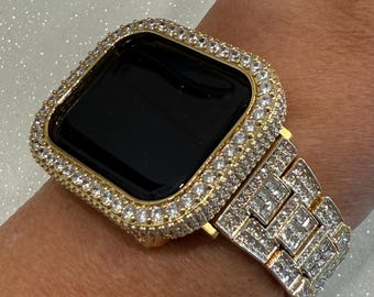 Gold Pave Apple Watch Band, Stainless Steel with High End Crystal & or Apple Watch Case, Lab Diamond Bezel