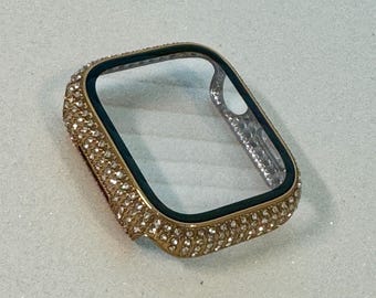 Gold Apple Watch Cover with Screen Protector Women Swarovski Crystals Apple Watch Case 41mm 45mm Tempered Glass Iphone Watch Case Bling