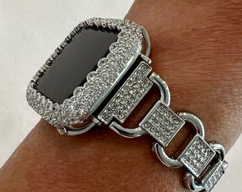 Apple Watch Band Women Silver Link Bracelet with Swarovski Crystals & or Apple Watch Cover Lab Diamond Iwatch Candy Bling 38-49mm Ultra