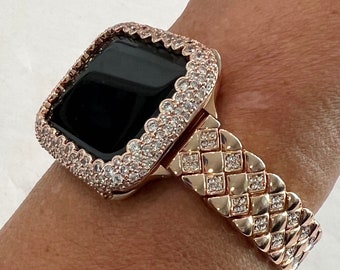 Rose Gold Apple Watch Band Women 41mm 45mm 49mm Ultra  Crystals & or Lab Diamond Bezel Cover Case for Smartwatch Bling Series 1-8