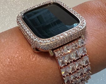 Bold Statement Apple Watch Band Womens Rose Gold Swarovski Crystals & or Apple Watch Case, Lab Diamond Bezel, Bling Apple Watch Cover
