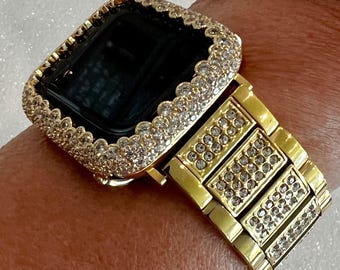 Designer Apple Watch Band Women Gold Stainless Steel Swarovski Crystals & or Apple Watch Cover Lab Diamond Bezel 38mm-49mm Ultra Series 10