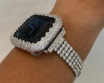 Bling Apple Watch Band Silver Swarovski Crystals 46mm Ultra & or Apple Watch CovermLab Diamond Bezel Case Smartwatch Bumper 38mm-49mm Bling