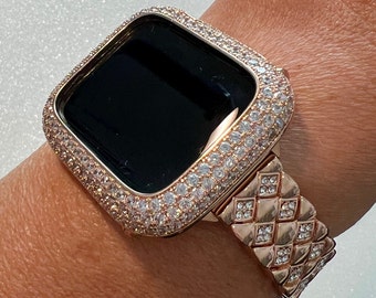 Rose Gold Apple Watch Band 41mm 45mm 49mm  Crystals & or Apple Watch Case Lab Diamond Bezel Apple Watch Cover 38mm 42mm 40mm 44mm