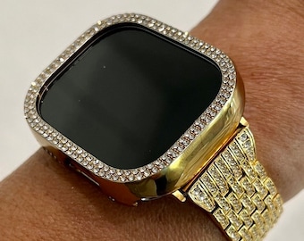 Ultra Apple Watch Band 49mm Gold Swarovski Crystals & or Crystal Bezel Cover Smartwatch Case Bling 38mm-45mm Series 2-8 SE