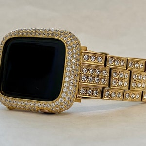 Apple Watch Band Gold Stainless Steel Swarovski Crystals & or Apple Watch Cover Lab Diamond Bezel Series 2-10 38mm-49mm Ultra Iwatch Case