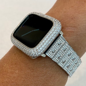 Apple Watch Band White Gold 38mm 40mm 41mm 42mm 44mm 45mm 46mm 49mm Ultra  Swarovski Crystal & or Silver Apple Watch Case Lab Diamond Bezel
