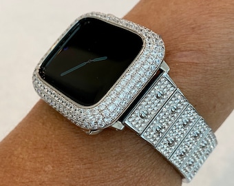 Apple Watch Band White Gold 38mm 40mm 41mm 42mm 44mm 45mm 49mm Ultra  Crystals & or Silver Apple Watch Case Lab Diamond Bezel Cover