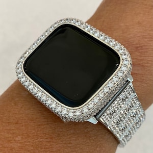 Silver Apple Watch Band Pave Swarovski Crystal 38 40 41 42 44 45 46 49mm Ultra & orApple Watch Cover Lab Diamond Bezel Bling Series 2-11