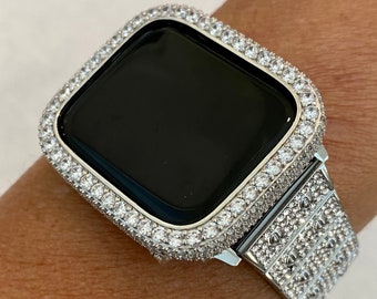 Silver Apple Watch Band Pave Swarovski Crystal 38 40 41 42 44 45 46 49mm Ultra & orApple Watch Cover Lab Diamond Bezel Bling Series 2-10