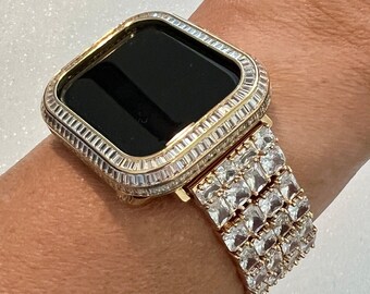 Yellow Gold Apple Watch Band Woman Baguette & Radiant Cut Crystals and or Designer Apple Watch Cover Lab Diamond Bezel 40mm-45mm