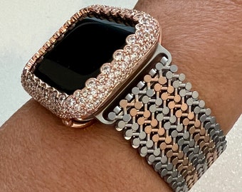 Stainless Steel Milanese Apple Watch Band, Rose Gold -Silver Two Tone Iphone Watch Band & Apple Watch Case Lab Diamond Bezel Iwatch Cover