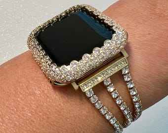 Apple Watch Band Women Gold Swarovski Crystal 38mm-49mm Ultra & or Apple Watch Case Lab Diamond Bezel Apple Watch Cover Iwatch Candy Bling