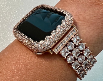 Apple Watch Band Womens Rose Gold Crystals & or Apple Watch Case Lab Diamond Bezel Apple Watch Cover Iwatch Candy Bling 38mm-49mm