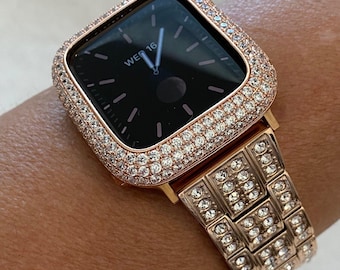 Designer Apple Watch Band Women Ultra Rose Gold Stainless Steel Swarovski Crystal & or Lab Diamond Bezel Apple Watch Cover Smartwatch Bumper
