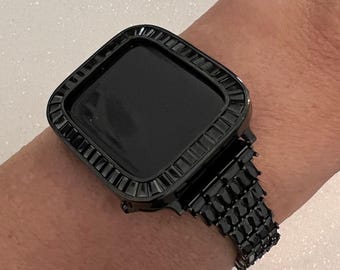 Apple Watch Band Women Designer Black Swarovski Crystals 38mm-45mm & or Apple Watch Cover Baguette Lab Diamond Bezel Iphone Watch Case