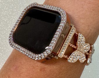Butterfly Apple Watch Band Series 10 Woman Rose Gold Swarovski Crystals & or Apple Watch Case Protective Iphone Watch Cover 38mm-49mm