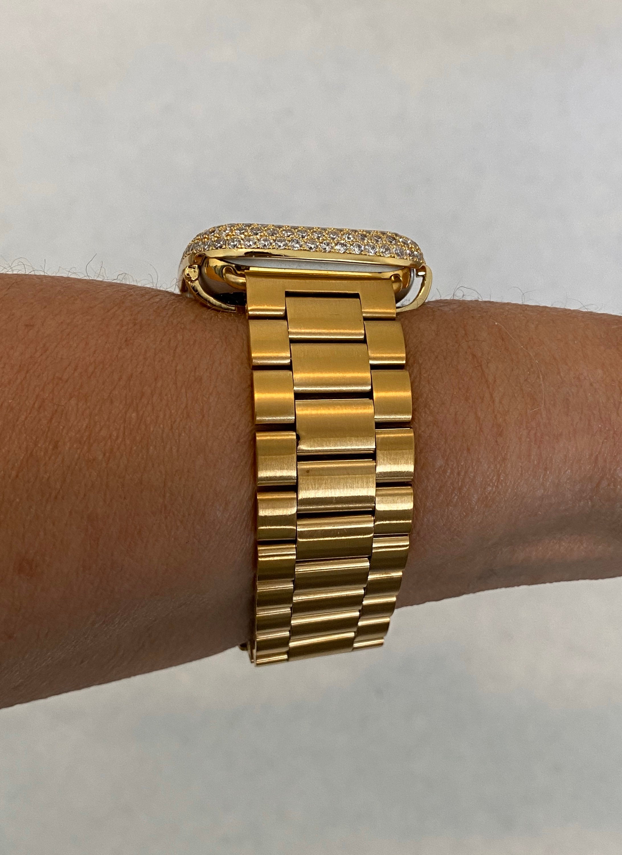 Apple Watch Band Mens Gold 38 40 42 44mm Rolex Style & or Lab Diamond Bezel Cover for Iphone Watch