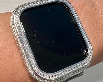 Designer Apple Watch Case Silver Baguette Lab Diamond Bezel Designer Apple Watch Cover 40mm 41mm 44mm 45mm Iwatch Candy Bling Series 9