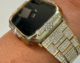 Series 10 Yellow Gold Apple Watch Band Stainless Steel Swarovski Crystal & or Apple Watch Case Swarovski Crystal Iwatch Screen Protector