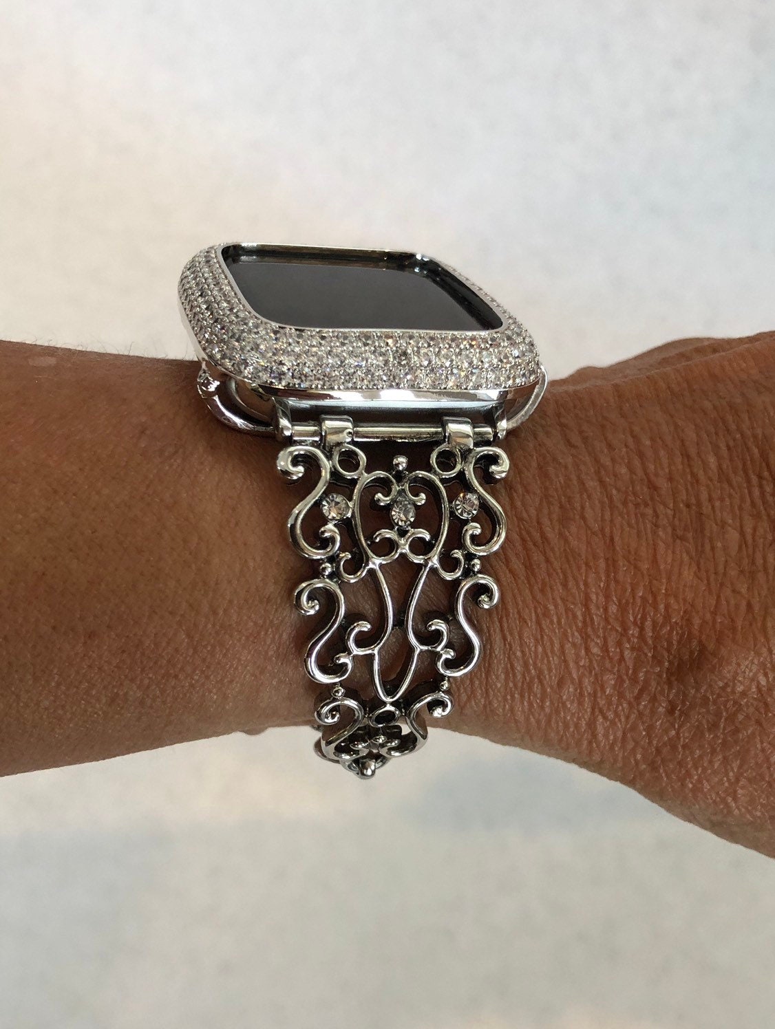 38/40mm 42/44mm Apple Watch Band Silver Filigree Series 1,2,3,4,5,6,SE & or Lab Diamond Bezel
