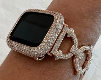 Pave Apple Watch Band Womens Rose Gold Swarovski Crystals & or Apple Watch Case 38mm-49mm Lab Diamond Bezel Iwatch Cover Series 10