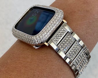Designer Apple Watch Band Silver 38mm 40mm 41mm 42mm 44mm 45mm 49mm Ultra Crystal & or Apple Watch Cover Lab Diamond Bezel Bling