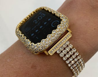 Gold Apple Watch Band 42mm 46mm Series 10 Swarovski Crystals & or Apple Watch Case Lab Diamond Bezel Cover Bling 38mm-49mm Iwatch Candy
