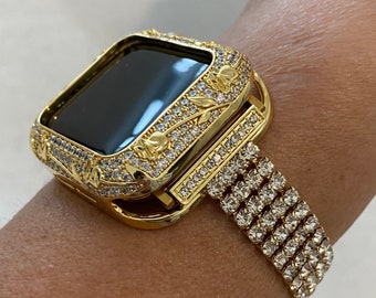 Bling Apple Watch Band Womens Gold Swarovski Crystals & or Apple Watch Case Lab Diamond Bezel Cover 38mm 40mm 42mm 44mm Iwatch Candy