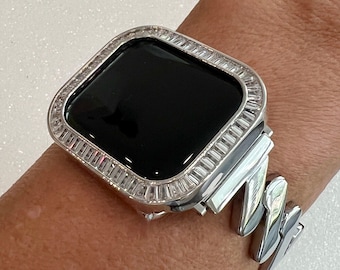 Designer Apple Watch Band Women Silver, Iwatch Phone Band Bracelet 38-45mm & or Apple Watch Case Baguette Lab Diamond Bezel Cover Minimalist