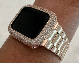 Apple Watch Band Rose Gold Stainless Steel Ultra Thin & or Apple Watch Cover Lab Diamond Bezel Case Bling Iwatch Candy 38mm-45mm