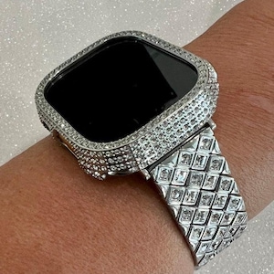 Ultra Apple Watch Band 49mm Silver Large Swarovski Crystals & or Apple Watch Cover Lab Diamonds Protective Bumper Case 38mm-45mm