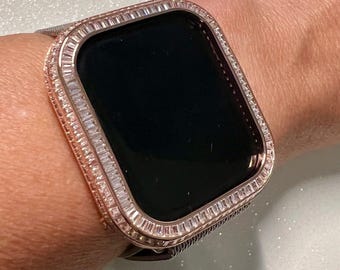 Statement Rose Gold Apple Watch Case Womens 40mm 41mm 44mm 45mm Baguette Lab Diamonds Apple Watch Cover Iwatch Candy Bling Series 4-9